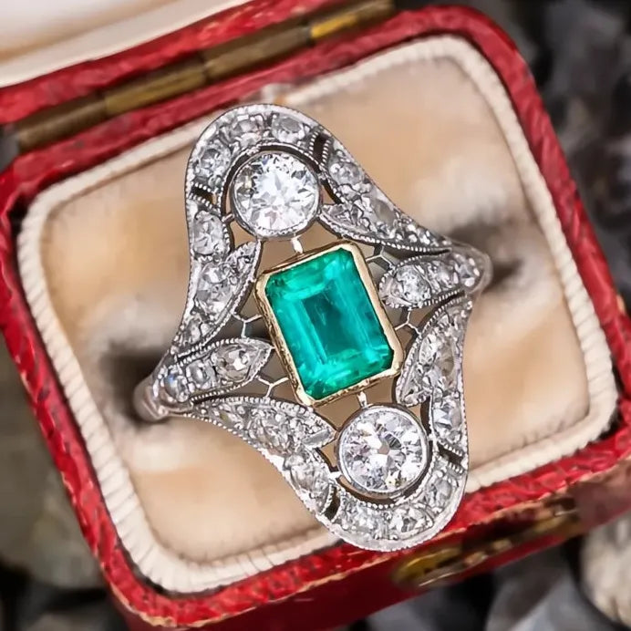 Elegant Two Tone Green CZ Cubic Zirconia Brass Women's Geometric Wedding Band