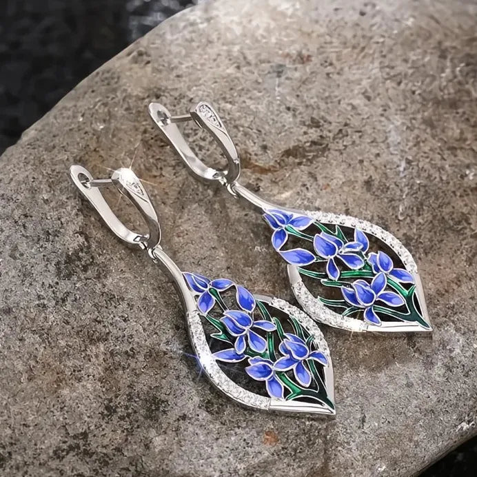 Luxury Blue Flower Cubic Zirconia Drop Earrings for Women Wedding Jewelry