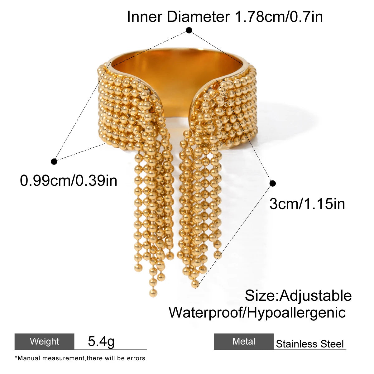 18k Gold Plated Stainless Steel Geometric Multi-Layer Tassel Chain Ring Women