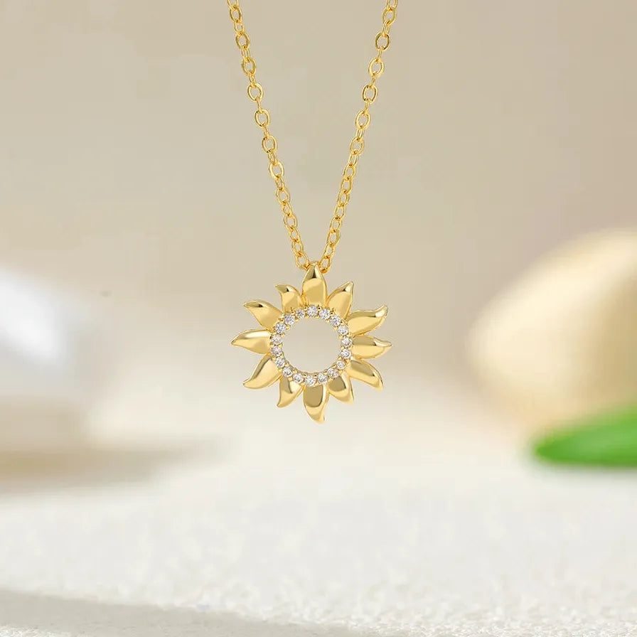 Sunflower CZ Zircon 18K Gold Plated Geometric Pendant Necklace for Women Gift