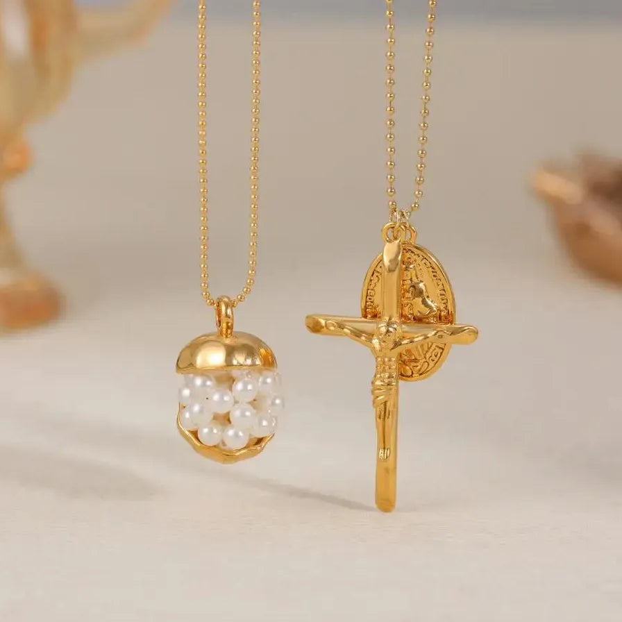 18k Gold Plated Crucifix Cross Pendant Necklace Featuring Pearl for Women