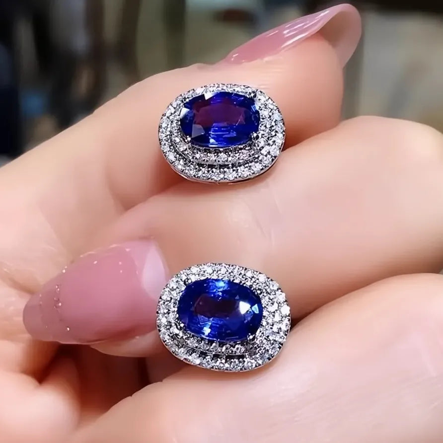 Blue White CZ Oval Geometric Stud Earrings for Wedding Party Women