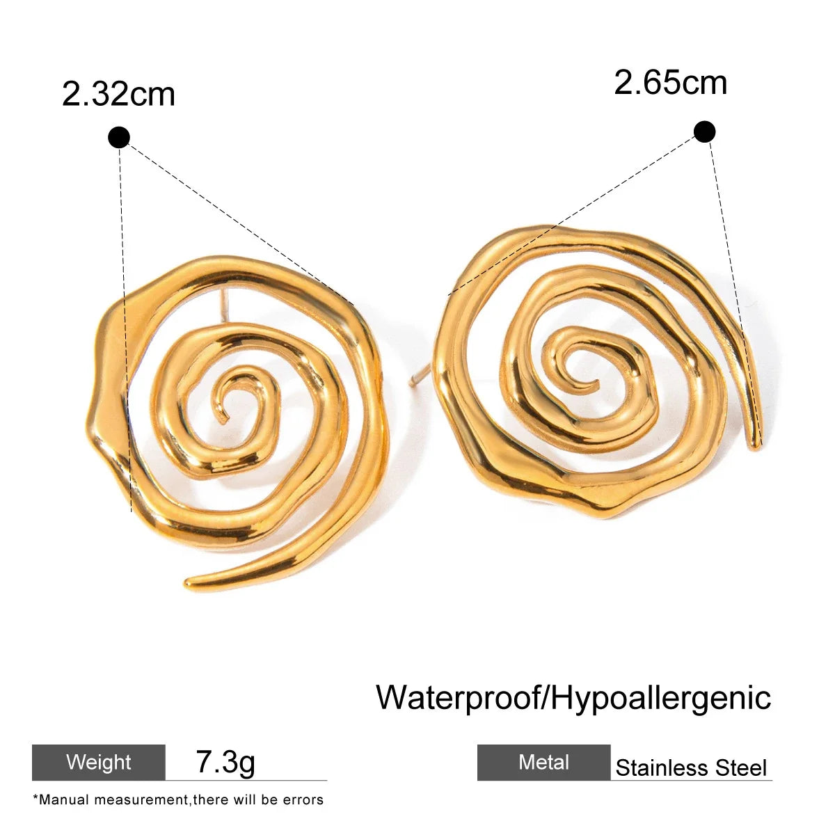 Waterproof 18K Gold Plated Metal Vortex Swirl Earrings Geometric Spiral Rings
