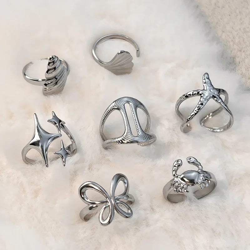 316L Stainless Steel Ocean Series Rings for Women Sea Star Crab Butterfly Hypoallergenic