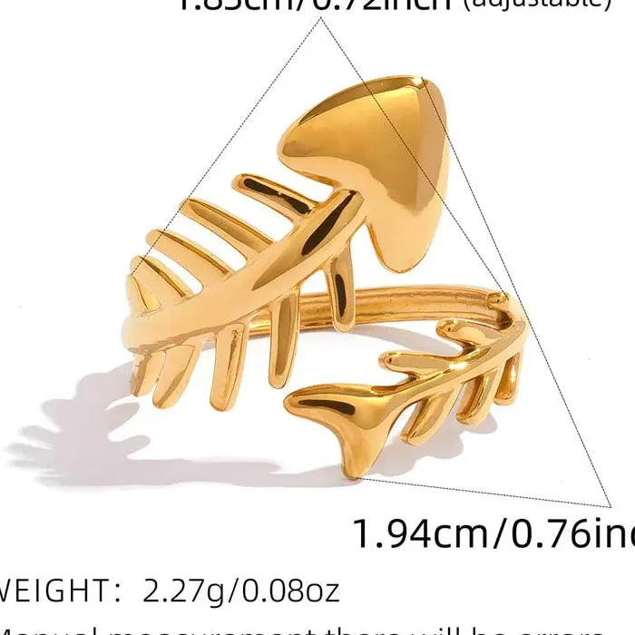 Adjustable Stainless Steel Fish Bone Open Ring for Women Gold Tone Jewelry Symbolic Gift