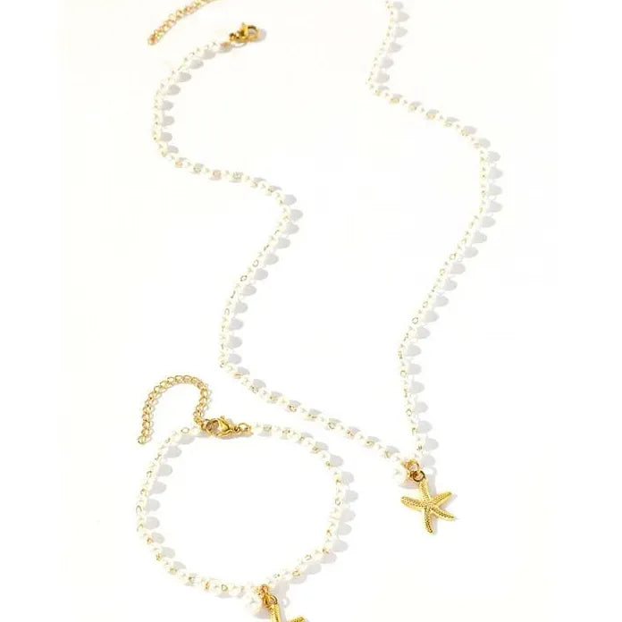Stainless Steel Starfish Pearl Pendant Necklace Set for Women Gold Chain Gift