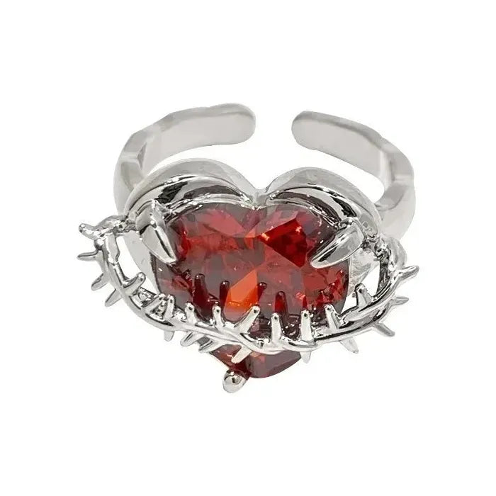 Y2K Red Crystal Heart Adjustable Punk Vintage Ring for Women Jewelry