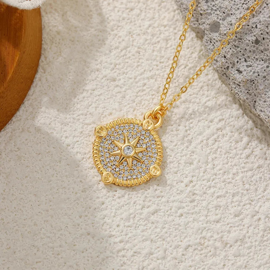 Personality Thick Star Circle Pendant Necklace Stainless Steel CZ Jewelry Gift