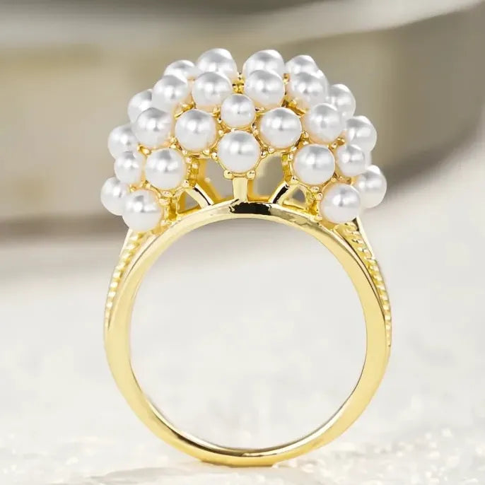 Simulated Pearl Brass Gold Wedding Band Engagement Ring Elegant Jewelry Gift