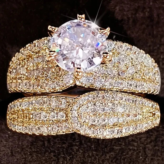 2Pcs Silver & Gold CZ Rings Set Bridal Wedding Jewelry Full Bling Luxury