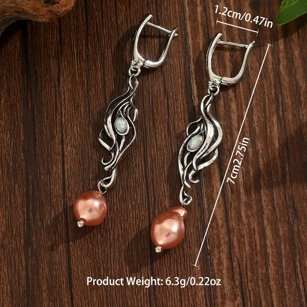Silver Bohemian Opal Pendant Drop Earrings Copper Metal Elegant Jewelry Gift