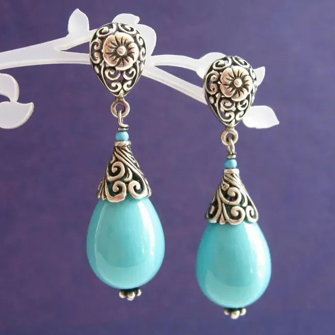 Vintage Hand Carved Flower Resin Zinc Alloy Water Drop Earrings Women