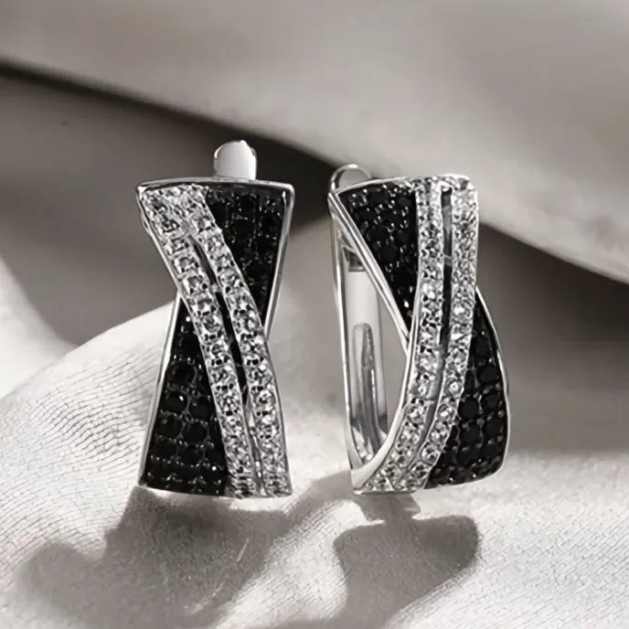 Black White Cross Hoop Earrings for Women Cubic Zirconia Fashion Jewelry Copper Alloy