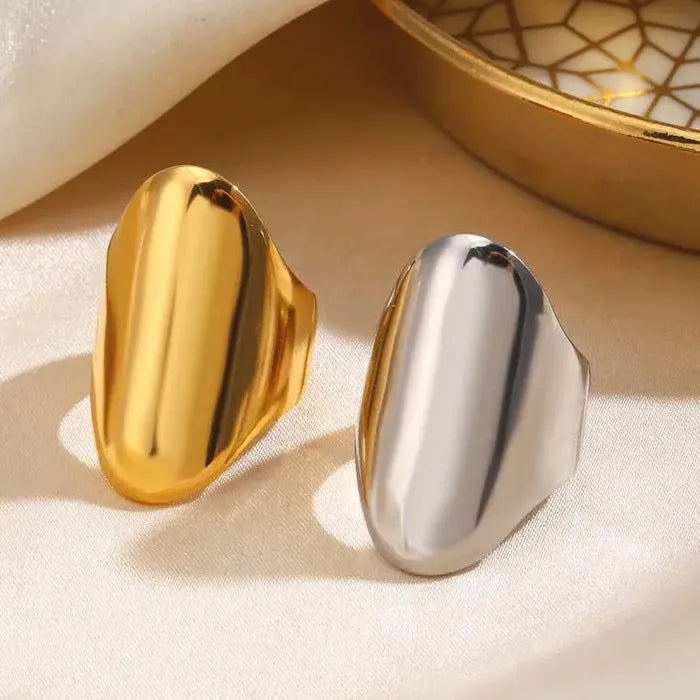 Adjustable Vintage Geometric Stainless Steel Wide Oval Ring for Women Gold Tone