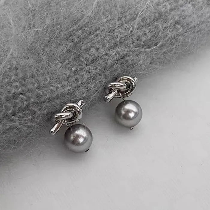 Moon Gray Pearl Stud Earrings Copper Moon Bowknot Jewelry Gift Women