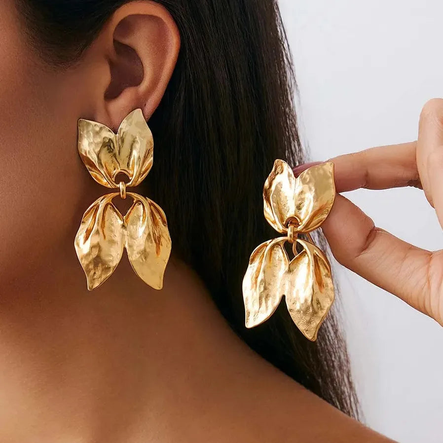 Vintage Ginkgo Leaf Stud Earrings for Women Double-Layer Charm Jewelry