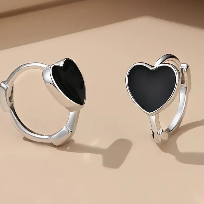 Lightweight Black Heart Hoop Drop Earrings for Women Copper Alloy