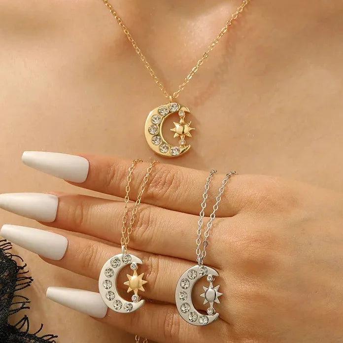 Zircon Moon Sun Pendant Necklace Copper Chain Vintage Gift 2026