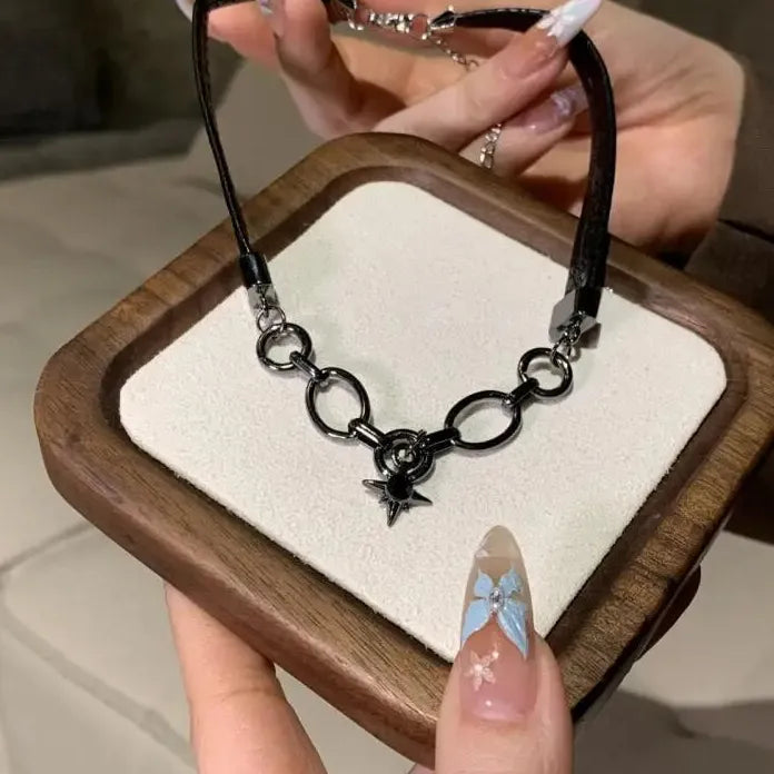 Punk Black Leather Star Collarbone Necklace Unisex Rock Hip Hop Jewelry