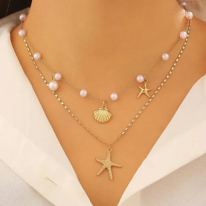 Starfish Shell Pearl Double-Layer Pendant Necklace for Women Zinc Alloy Gift