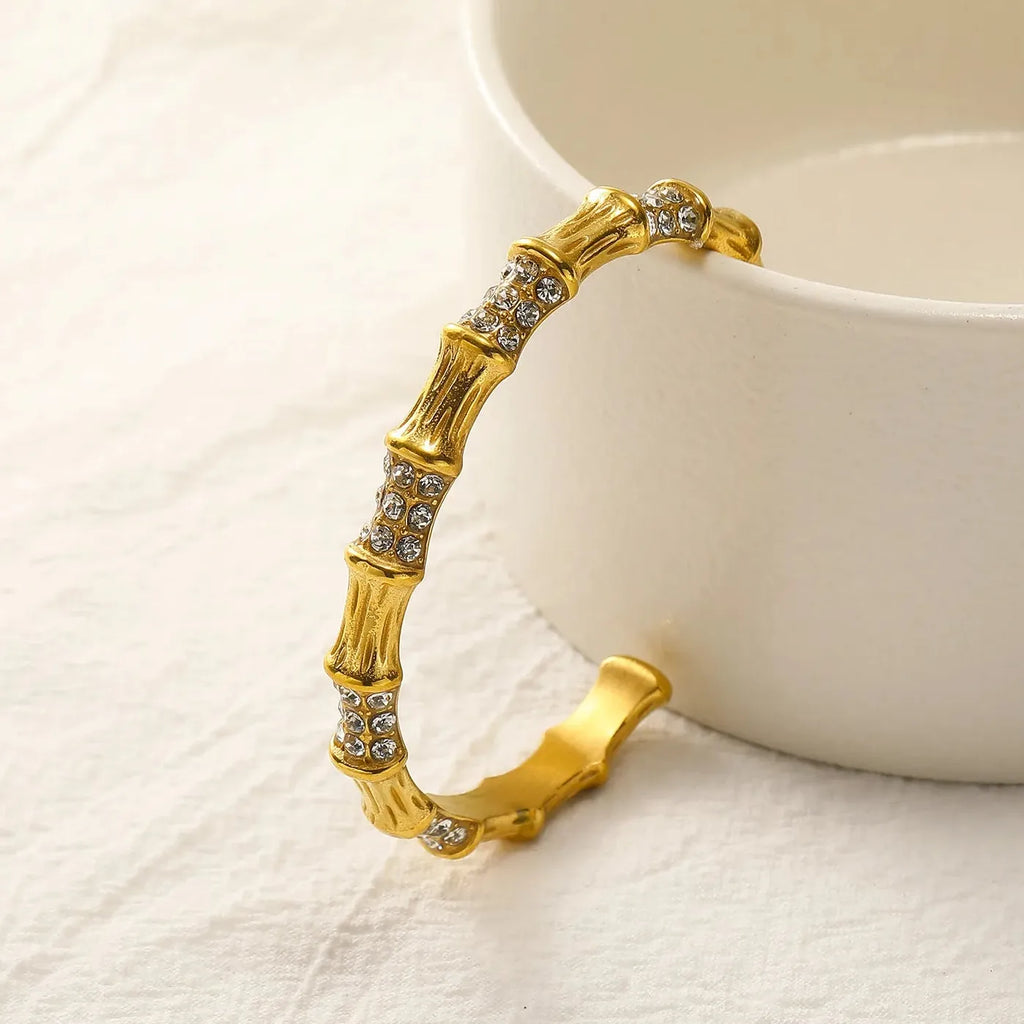 18K Gold Open Bamboo Pearl Bangle CZ Zircon Waterproof Bracelet for Women