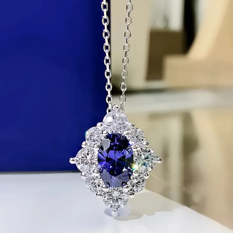 Blue Cubic Zirconia Geometric Pendant Necklace for Women Wedding Jewelry