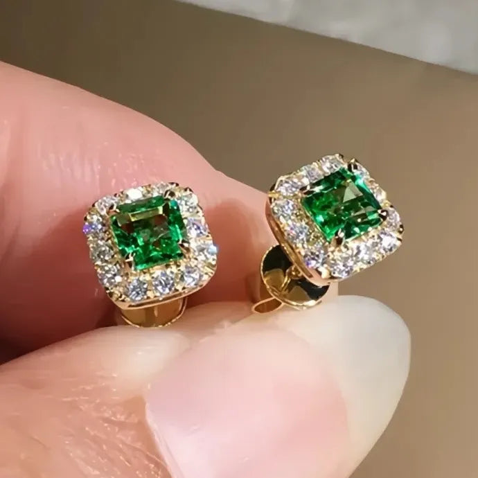 Green CZ Square Stud Earrings Gold Color Brass Luxury Wedding Jewelry