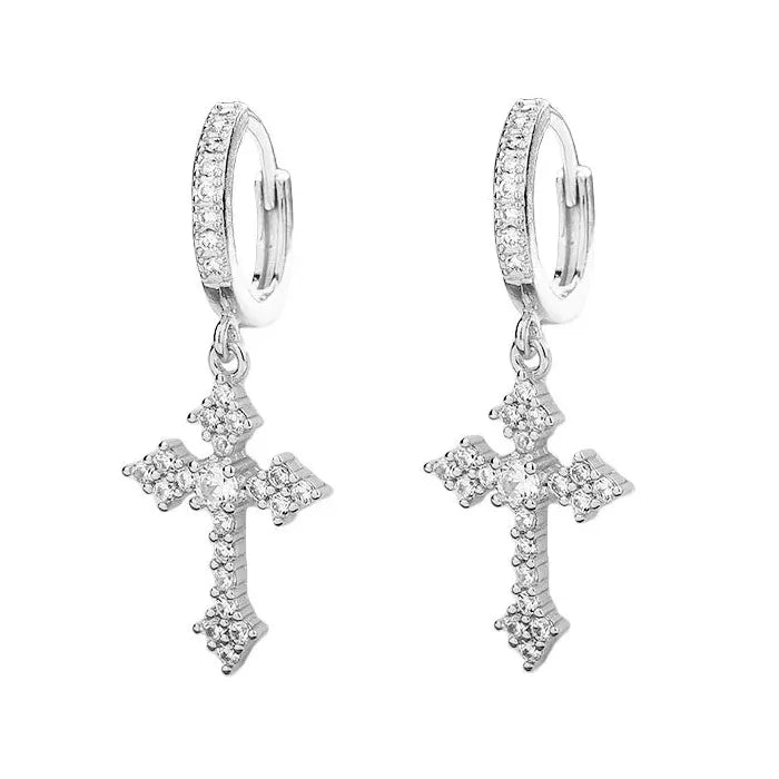 2Pcs Copper Cross Hoop Earrings for Men Women Rhinestone Jewelry