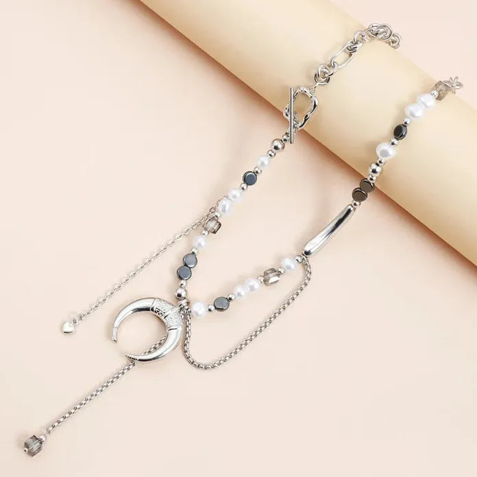 Pearl Crescent Moon Pendant Necklace for Women Zinc Alloy Beaded Chain Gift
