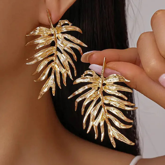 Vintage Large Leaf Drop Earrings for Women Gold Silver Plant Jewelry
