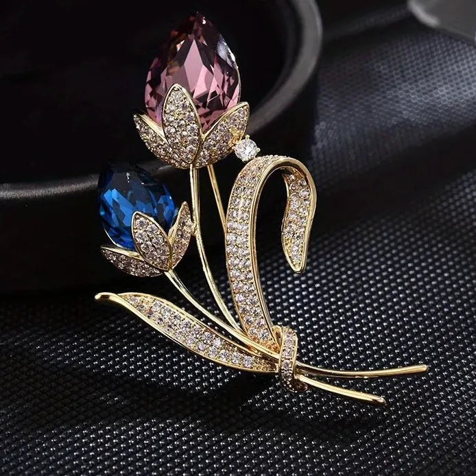 Ladies Retro Twin Flower Crystal Brooch Vintage Pin Accessory for Women