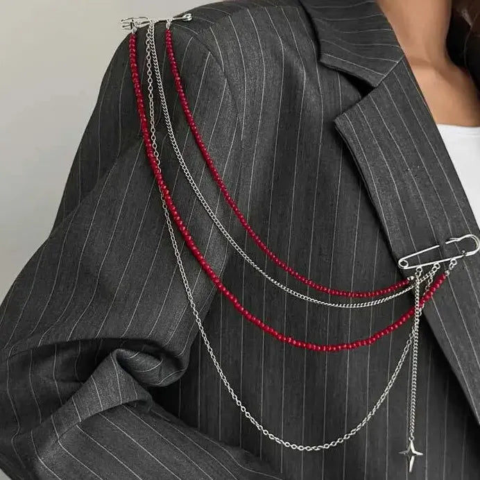 Red Rice Bead Tassel Brooch Zinc Alloy Punk Star Pendant Jewelry for Women