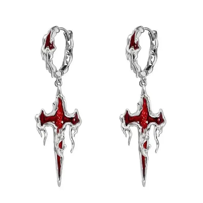 Neo-Gothic Red Flame Cross Earrings Women Hip Hop Y2K Statement Jewelry