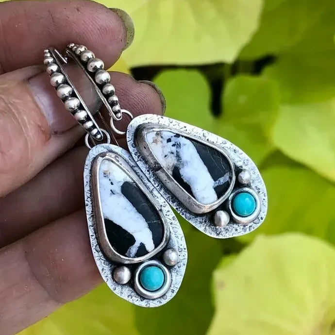 Women’s Blue Resin Inlaid Retro Handmade Metal Pendant Drop Earrings