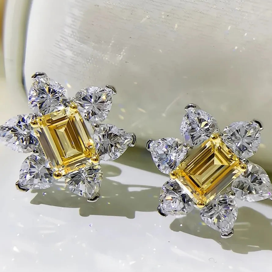 Bright Yellow Flower CZ Geometric Copper Alloy Stud Earrings Wedding Gift