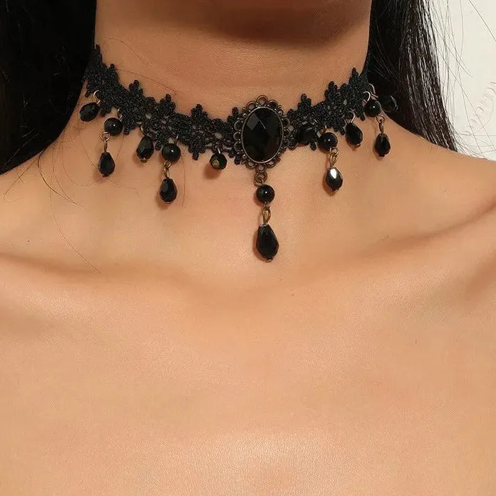 Punk Gothic Black Lace Crystal Flower Choker Necklace for Women Jewelry