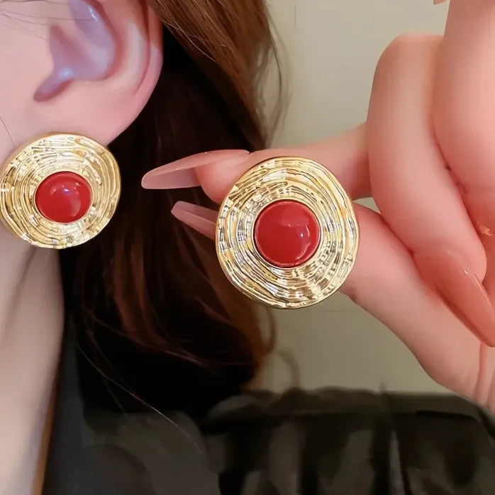 Big Round Red Stone Circle Stud Earrings Brass Acrylic Jewelry for Women