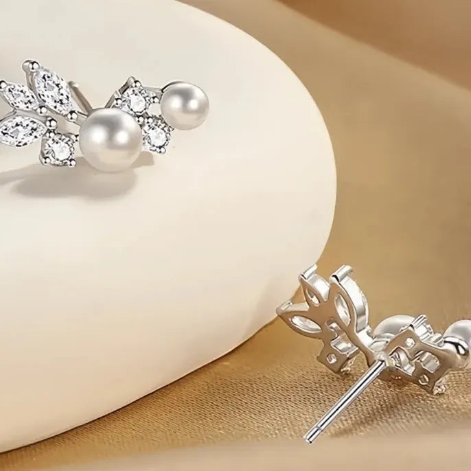 Women's Silver & Gold Geometric Stud Earrings with Simulated Pearls