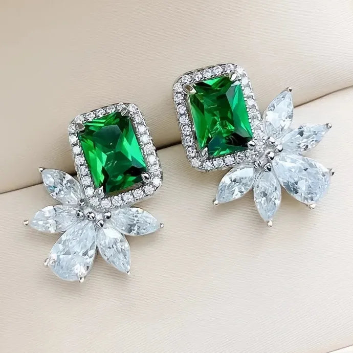 Silver Geometric CZ Stud Earrings Women Bling AAA Zirconia Jewelry Brass