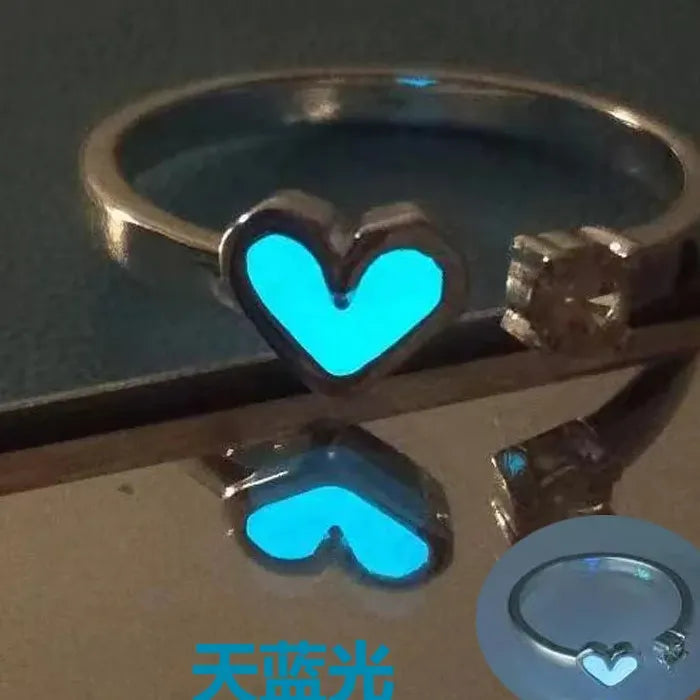 Adjustable Blue Heart Luminous Ring for Women Men Jewelry Gift Love Symbol