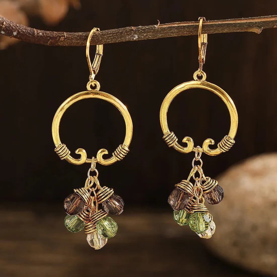 Ethnic Vintage Colorful Round Stone Resin Hoop Hollow Dangle Earrings Women