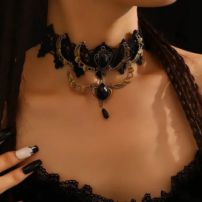 Black Lace Gothic Punk Choker Necklace with Pearl Tassel Roseflower Jewelry