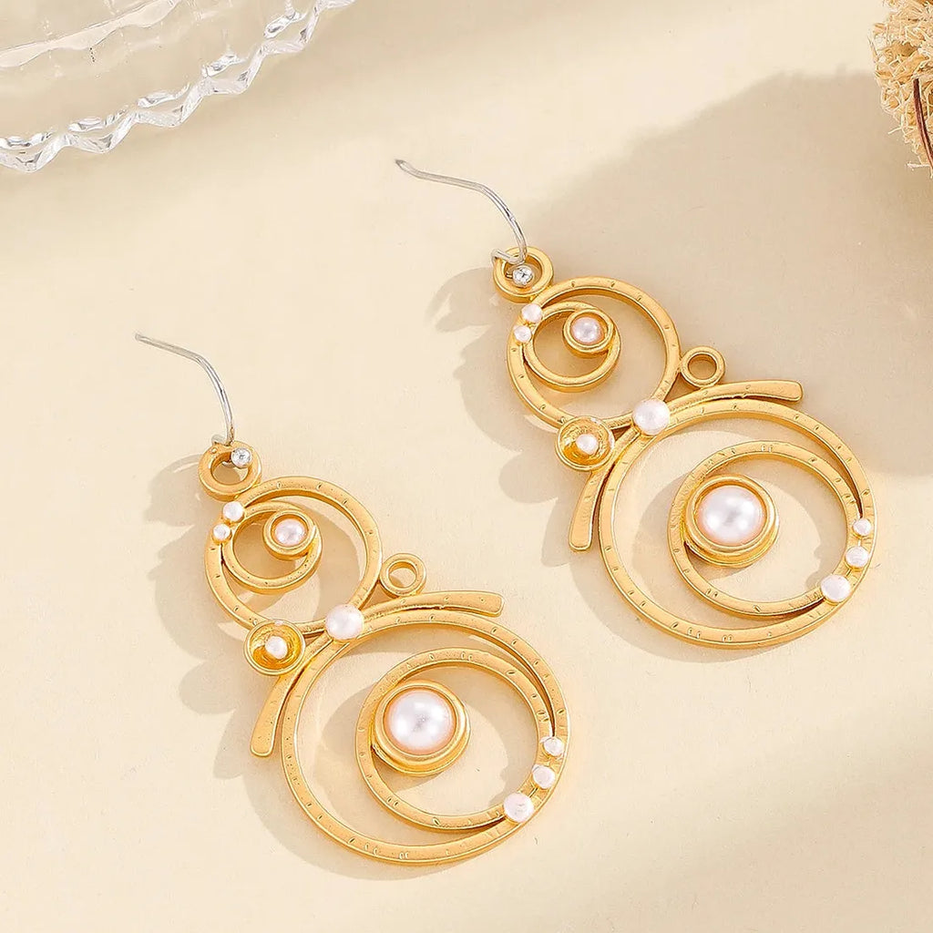 Handmade Bohemian Round Imitation Pearl Earrings Metal Carved Pendant Jewelry