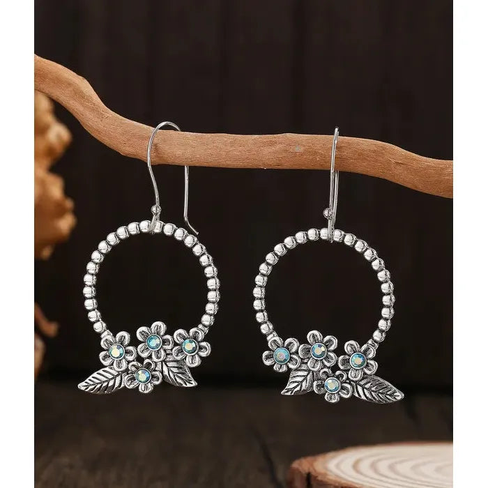 Vintage Zinc Alloy Carved Flower Drop Earrings with Colorful Gemstone Pendants for Women