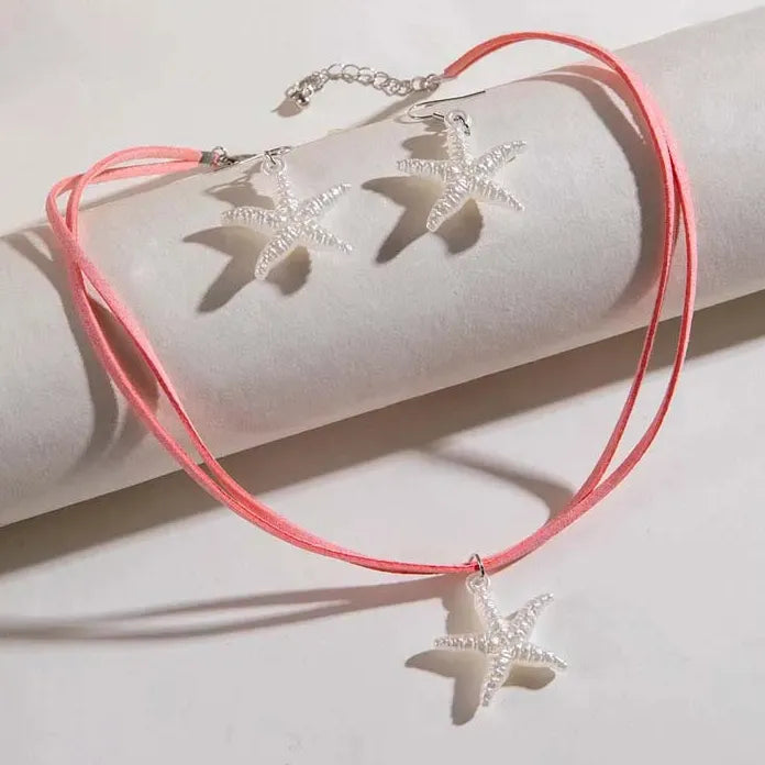 Bohemian White Starfish Pendant Necklace and Earring Set for Women Gifts