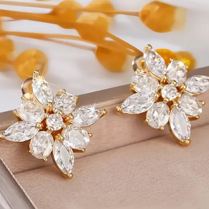 Geometric Flower CZ Stud Earrings for Women Elegant Copper Alloy Jewelry