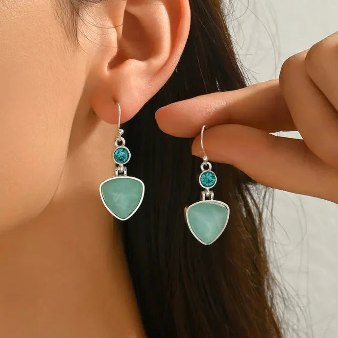 Bohemian Retro Light Blue Synthetic Gemstone Geometric Pendant Earrings Women