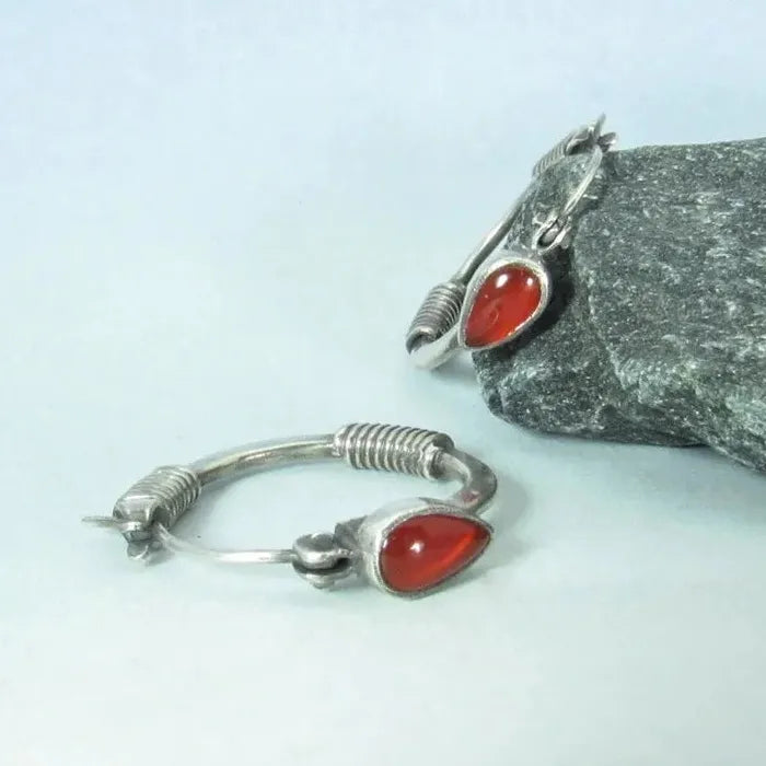 Ethnic Redstone Carving Pattern Zinc Alloy Ring Earrings Vintage Jewelry Women Banquet