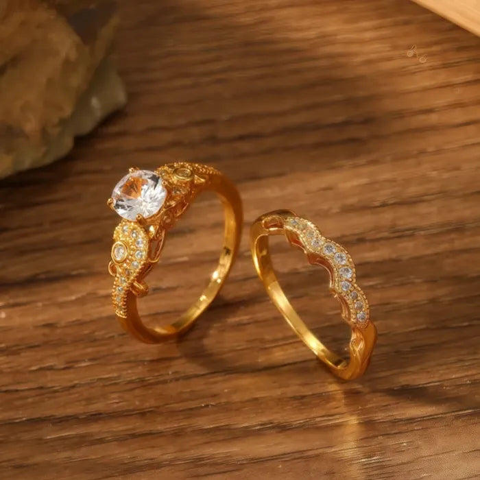 2 Pieces Copper Rings with Gold Inlaid Cubic Zirconia for Women Engagement Party Jewelry