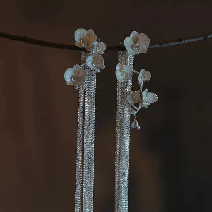 Minimalist Copper Alloy Butterfly Orchid Tassel Drop Earrings for Women Men